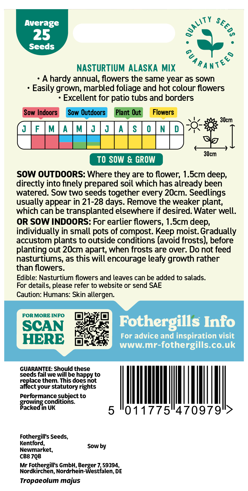 Nasturtium 'Alaska Mix' Hardy Annual Seeds x1 Pack - Average 25 seeds - RHS Plants for pollinators - Image 2