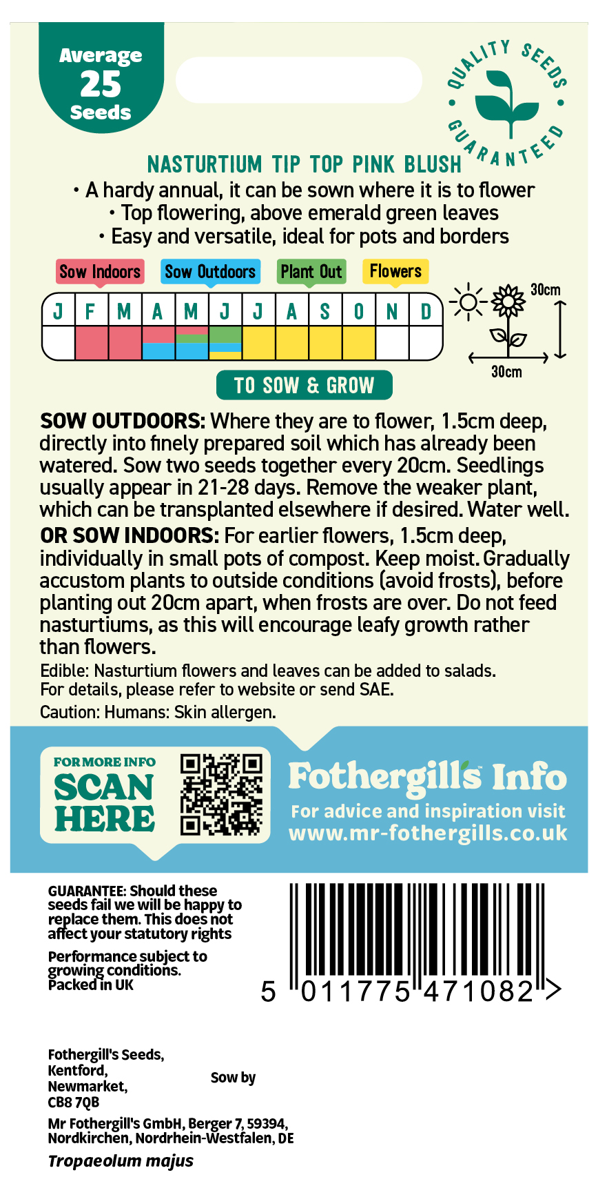Nasturtium 'Tip Top Pink Blush' Hardy Annual Seeds x1 Pack - Average 25 seeds - RHS Plants for pollinators - Image 2
